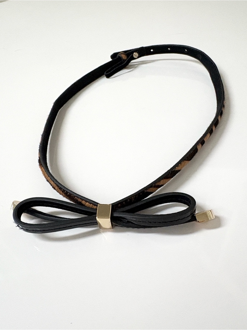 Tiger Print Calf Hair Genuine Leather Skinny Bow Belt Gold Hardware NWOT